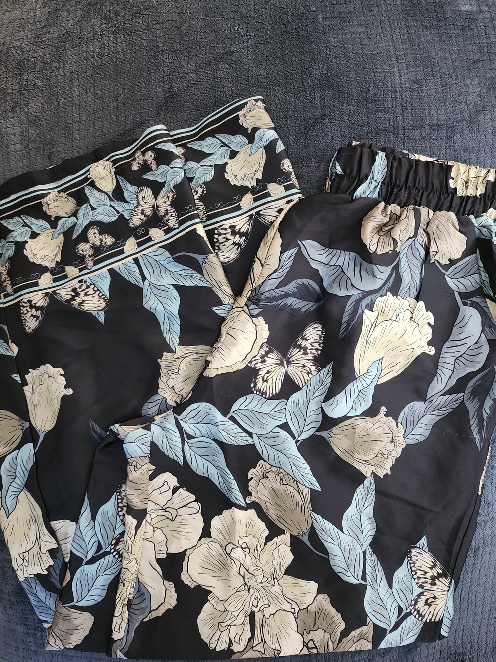 Black Floral Wide-Leg Pants with Butterflies